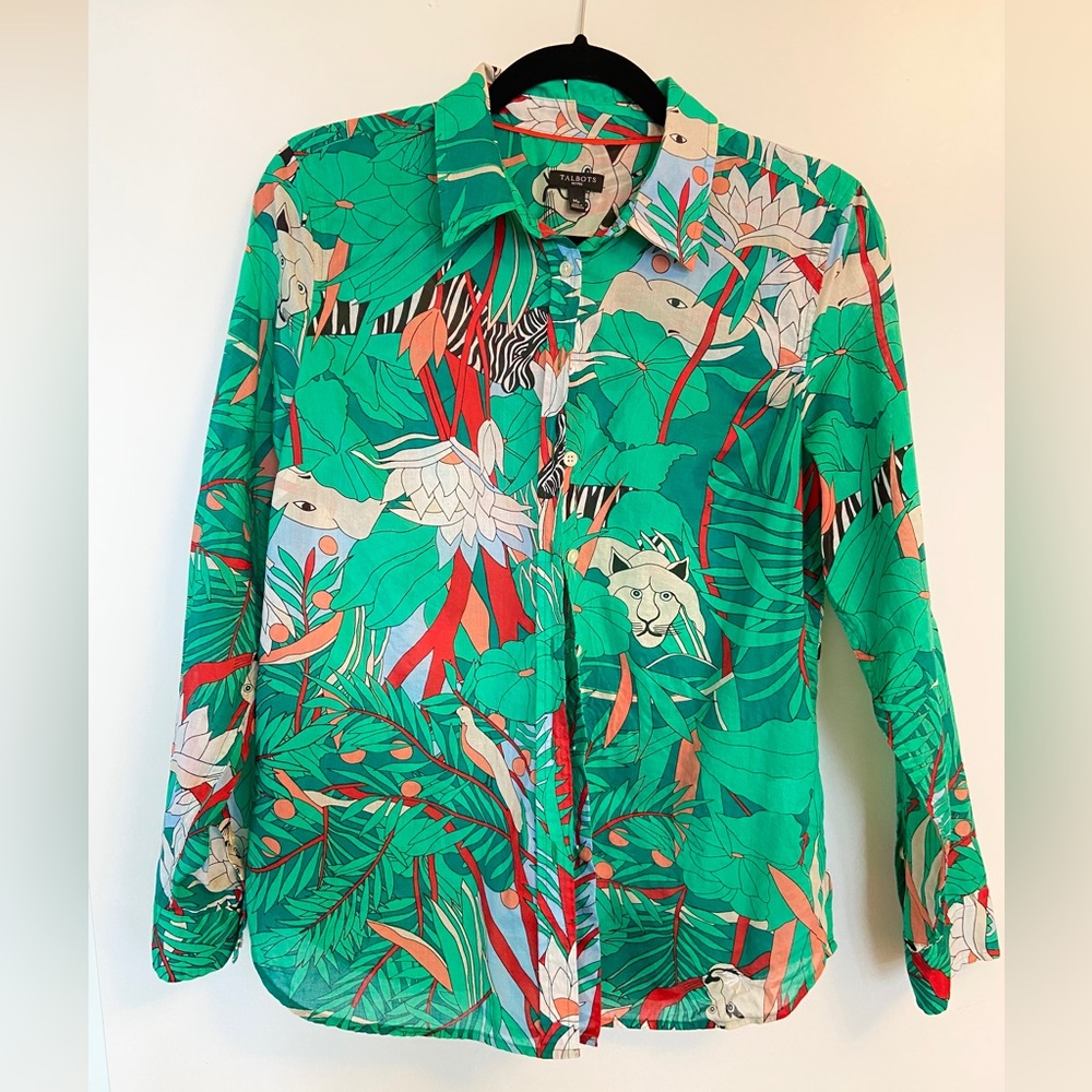 Talbots art deco jungle print cotton button-up blouse